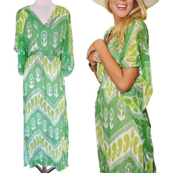 J. McLaughlin Libre Silk Caftan Maxi Dress Size M/L Resort Green Flowy Boho Chic - Picture 1 of 11
